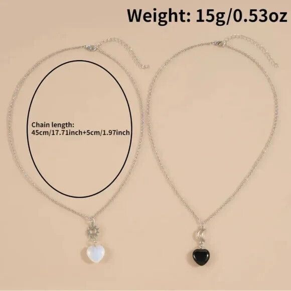 Sun Moon Necklace Heart-Shaped Crystal Adjustable Clavicle Chain 2pcs/Set - Picture 2 of 2